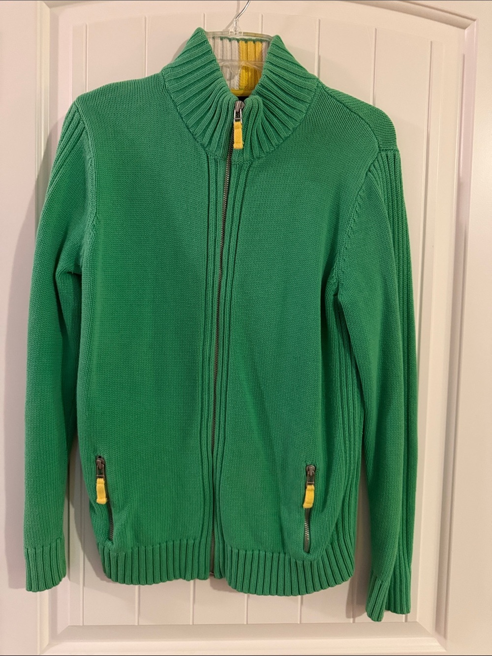 Lands' End Green Zip-Up Knit Sweater with Yellow Accents